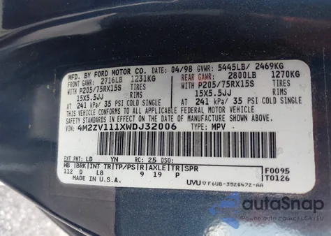 1998 Mercury Villager Gs/Ls/Nautica z USA, uszkodzony, nr VIN 4M2ZV111XWDJ32006